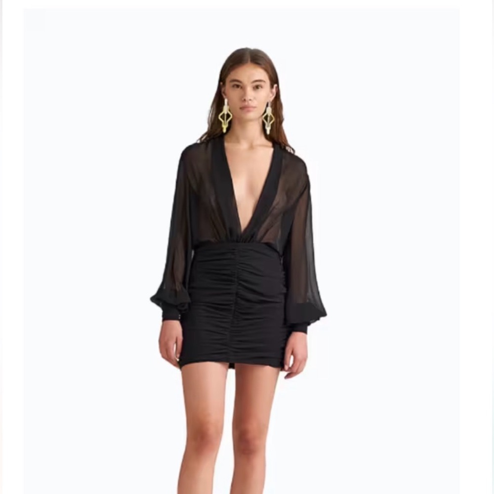 RONNY KOBO NWT Black Plunge-Neck Ruched Mini Dress